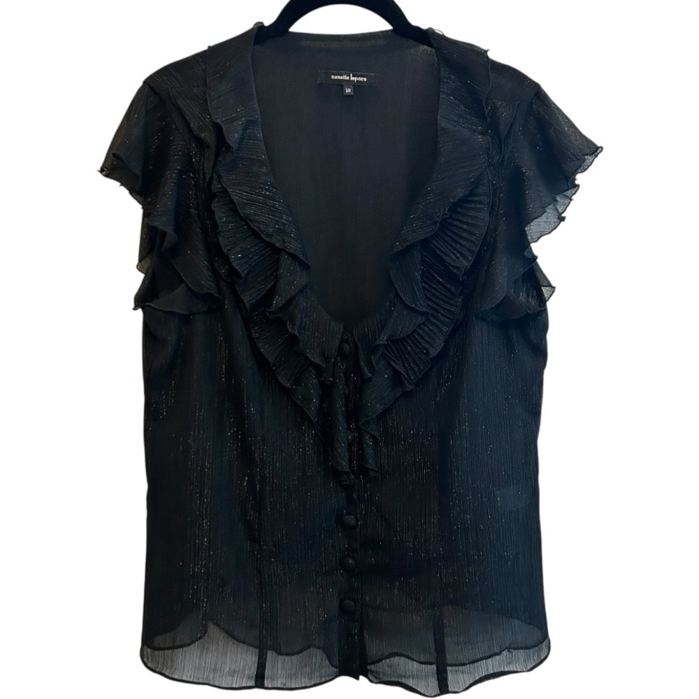 Nanette Lapore Black and Gold Ruffle Blouse Size 10